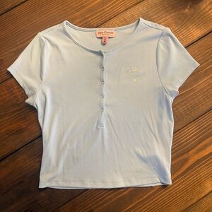 Juicy Couture Y2K Ribbed Henley Top Rhinestone Logo Baby Blue Size M